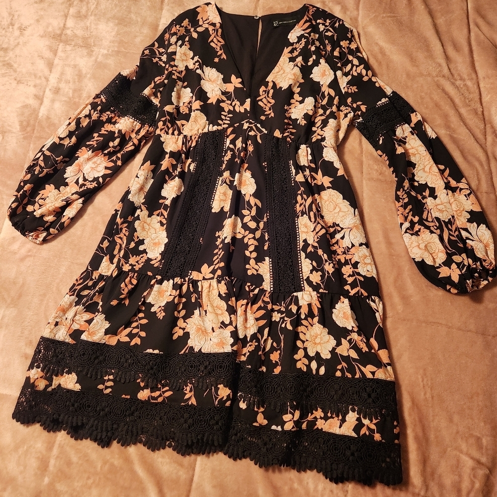 New York And Co Boho Floral Black and Orange Long Sleeve Dress With Lace